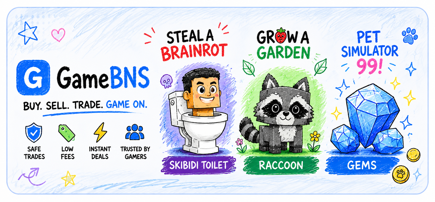 GameBNS marketplace banner featuring Steal a Brainrot Skibidi Toilet Grow a Garden Raccoon and Pet Simulator 99 Gems